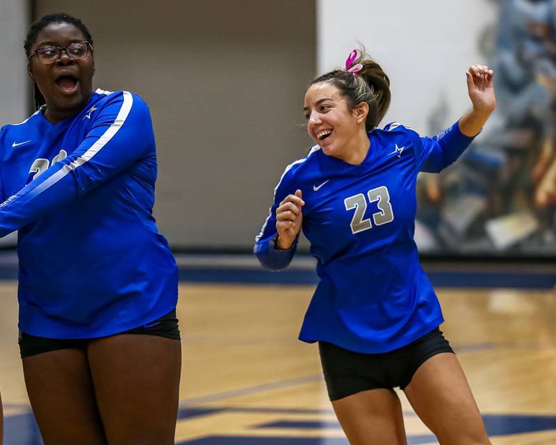 St. Charles North's Haley Burgdorf (23) runs out during introductions before their Class 4A Lake Park Regional final volleyball match between Wheaton North at St Charles North.  Oct 31, 2024  in Roselle.