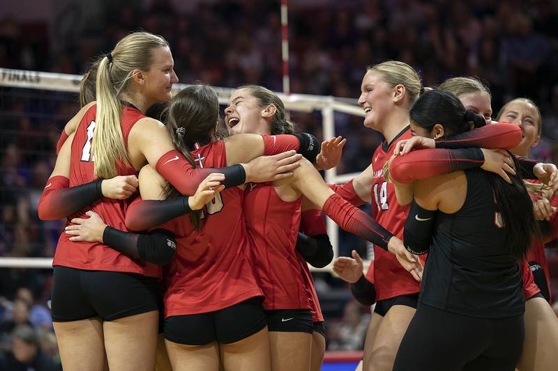 Timothy Christian celebrates their win over El Paso-Gridley Saturday, Nov. 16, 2024, in the Class 2A third place state volleyball match at CEFCU Arena in Normal.
