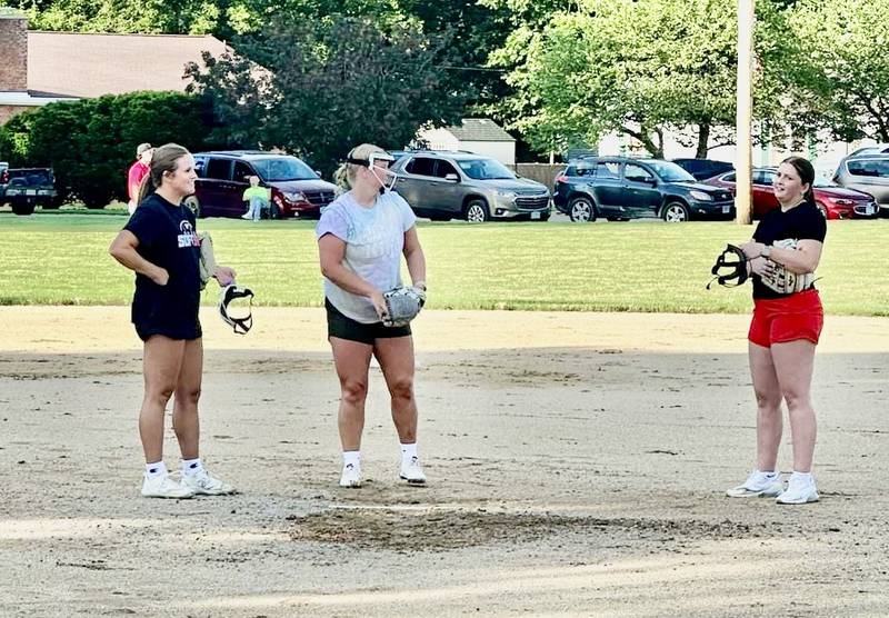 Three former teammates from the Princeton High School team, Mckenzie Hecht (left), Katie Bates and Libby Boyles, are teaming up for the People's Church team in the Princeton Park District fastpitch league.