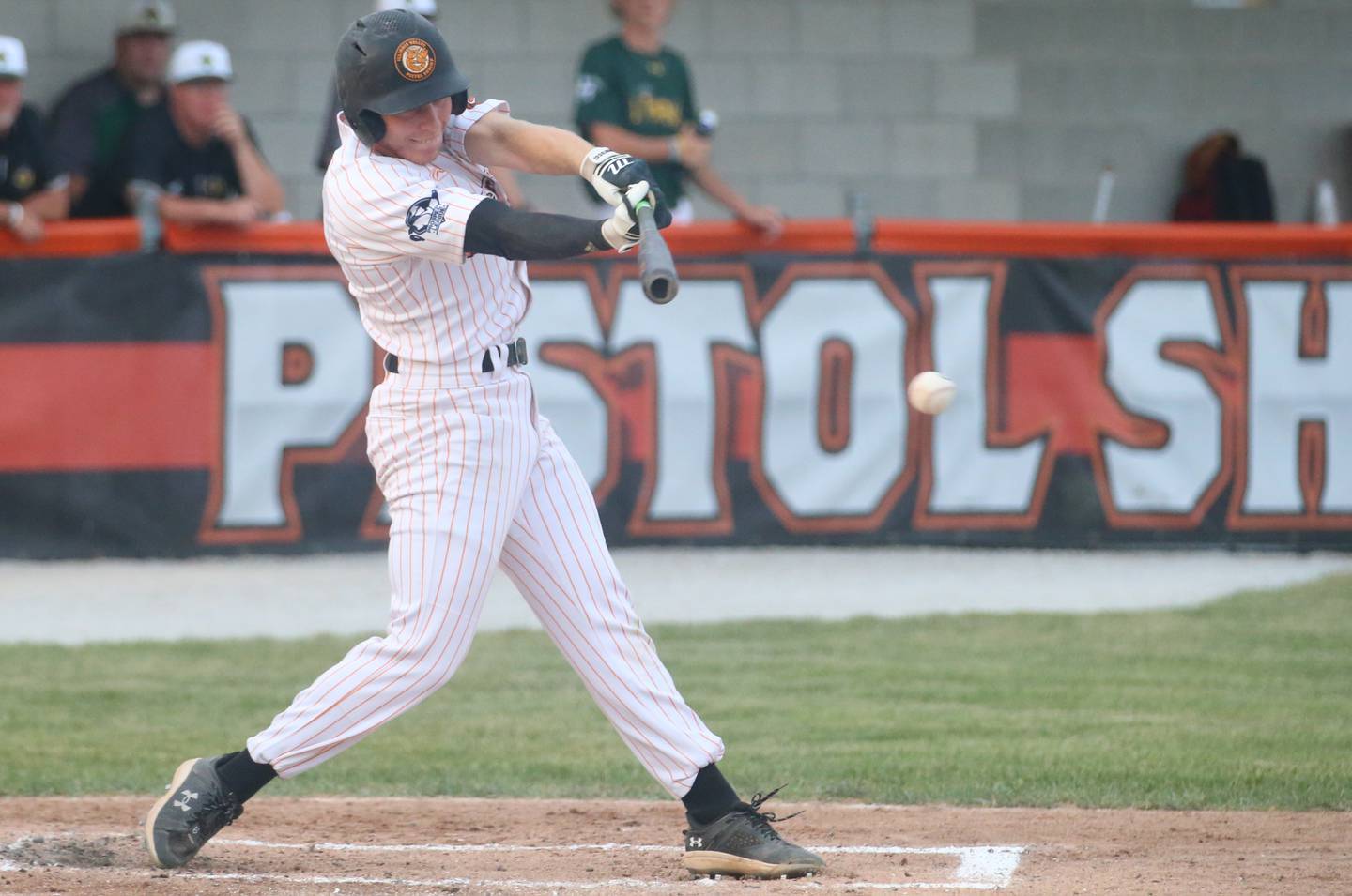 Pistol Shrimp's Chance Resetich of Spring Valley, smacks a base hit on Wednesday, Aug. 2, 2023 at Schweickert Stadium in Peru.