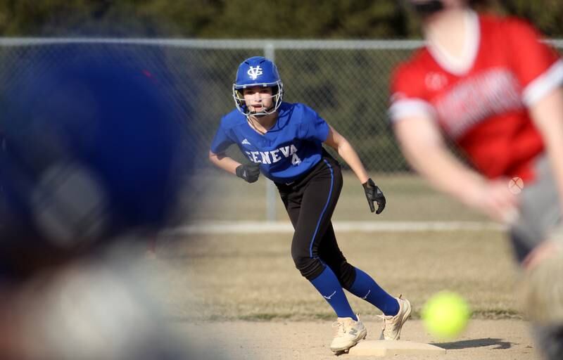 Geneva’s Ally Ward steps off second base during a game at West Aurora during a home game on Wednesday, March 16, 2022.