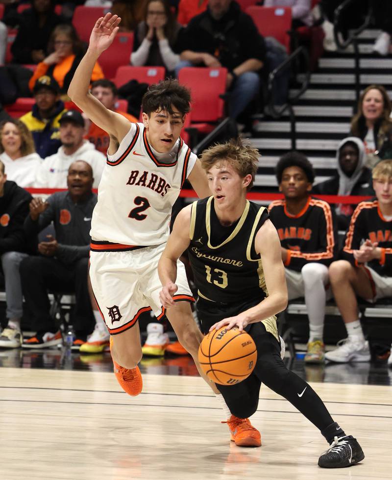 Sycamore's Xander Lewis goes baseline against DeKalb's Aaron Ziga Friday, Jan. 30, 2026, during the FNBO Challenge at the Convocation Center at Northern Illinois University in DeKalb.