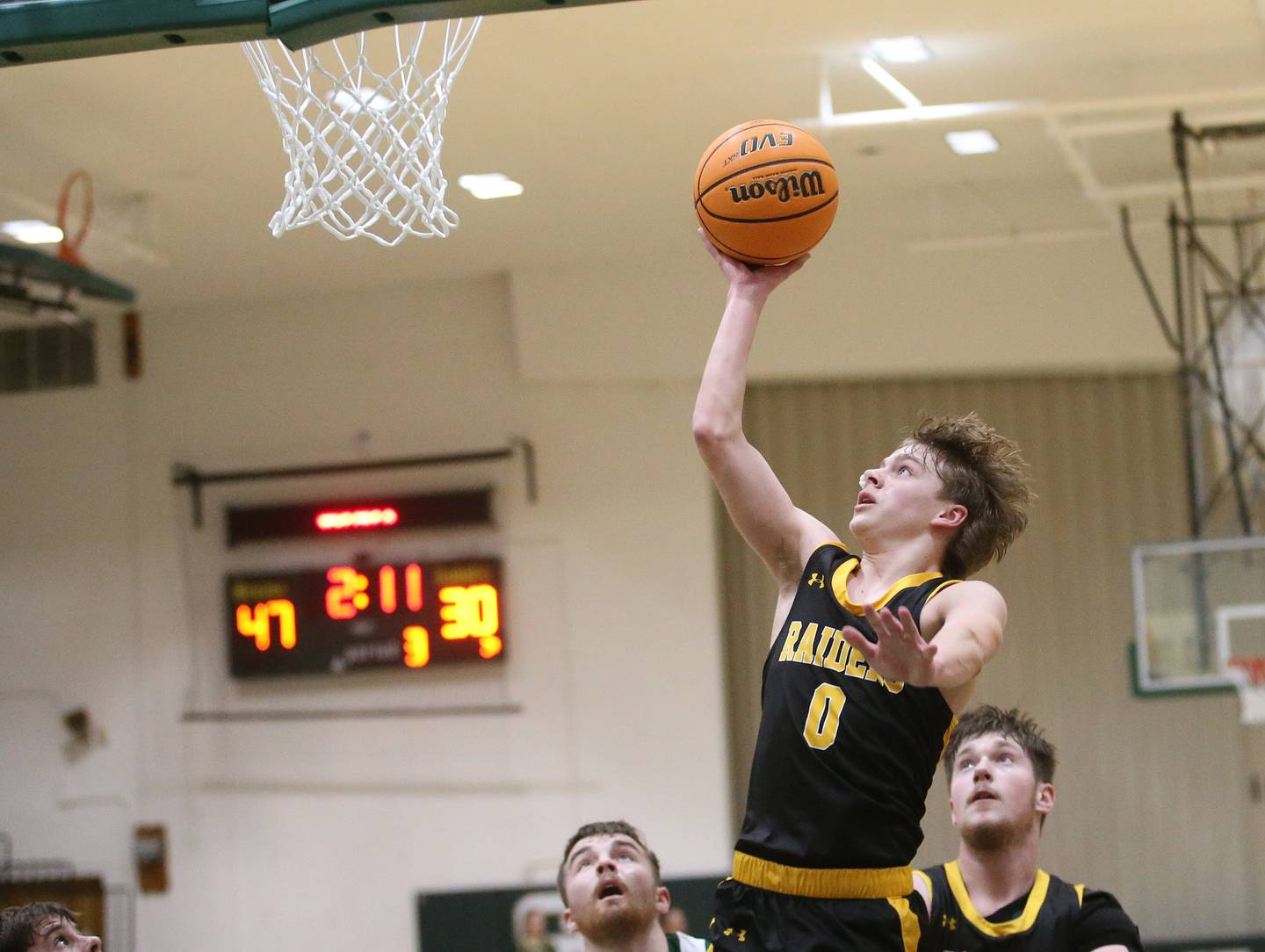 Ashton-Franklin Center's Aaron Lester eyes the hoop while running in for a layup against St. Bede during the Class 1A Regional quarterfinal game on Monday, Feb. 24, 2025 at St. Bede Academy.