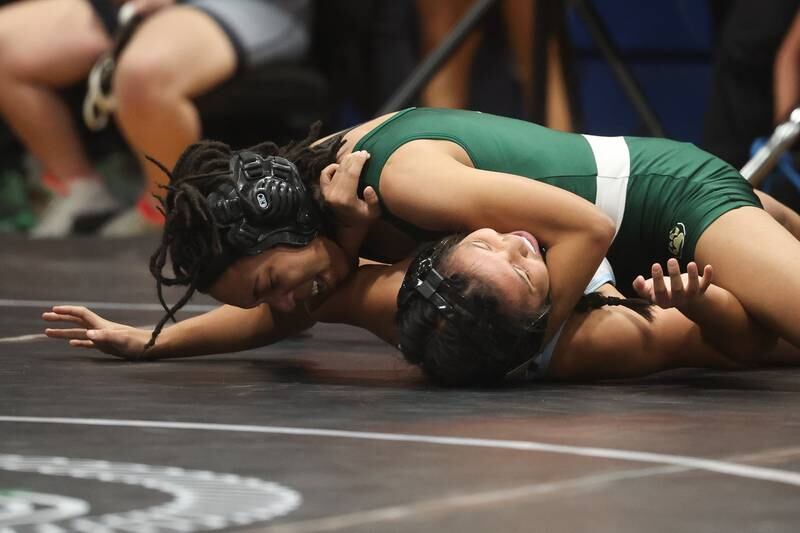 Plainfield Central’s Shania Davison pins Plainfield South’s Kayla Ochtorena in the Southwest Prairie Conference 125 pound Championship at Joliet Central on Saturday, Jan. 20th, 2024.