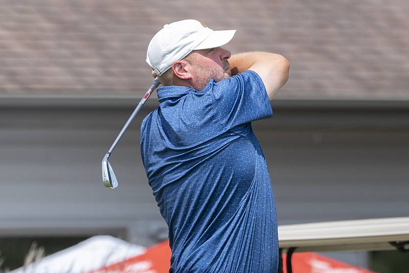 Jason Wombacher tees off Sunday, July 21, 2024 during the final round of the 102nd Lincoln Highway golf tournament. The tournament was held at Emerald Hill in Sterling.