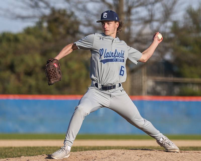 Plainfield South's Tyler Lovell (6) delivers a pitch during baseball game between Plainfield South at Oswego on Monday, April 14, 2025 in Oswego.