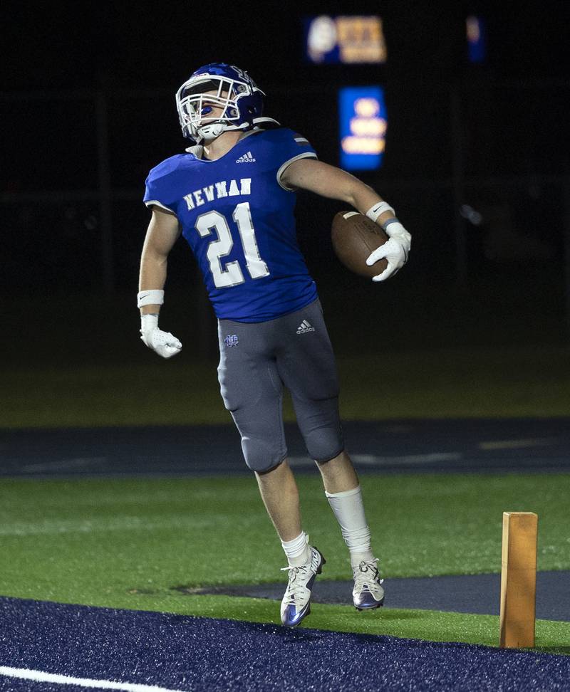 Newman’s Briar Ivey celebrates an overtime touchdown against Rockridge Friday, Sept. 27, 2024, in Sterling.