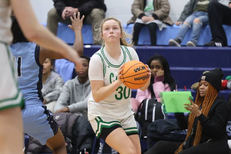 Providence’s Kennady Kotowski lines up the 3-point shot against Hillcrest in the Class 3A Hillcrest Sectional championship game on Thursday, Feb. 26, 2026 in Hillcrest.