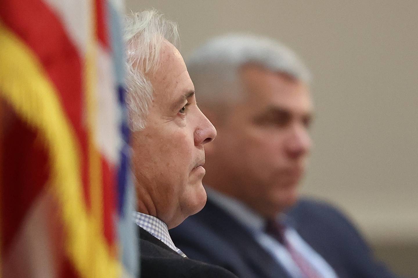 Mayor candidate Terry D’Arcy sits with Mayor Bob O’Dekirk as Tycee Bell answers a question at the Joliet Mayoral Candidate Panel luncheon hosted by the Joliet Region Chamber of Commerce on Wednesday, March 8th, 2023 at the Clarion Hotel & Convention Center Joliet.