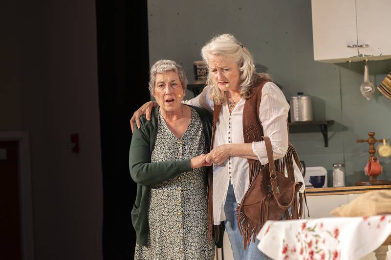 Mary Cheatwood as Lenny Magrath and Mary Mead-Cantrell and Meg Magrath rehearse a scene Tuesday, April 29, 2025, for PAG’s weekend performance of “Crimes of the Heart.”