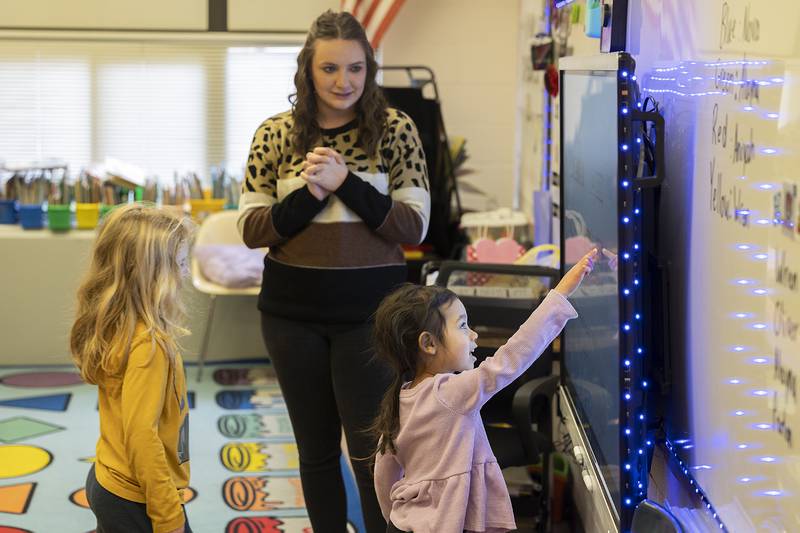 Abbi Jones, kindergarten teacher at Jefferson School, leads a class in math skills Friday, Feb. 7, 2025.