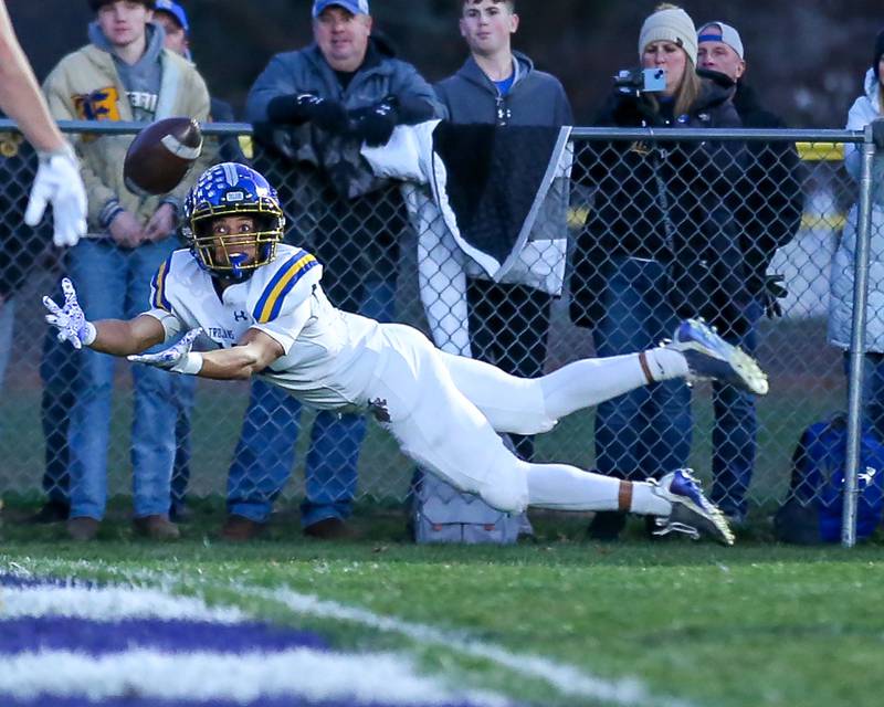 Moroa-Forsyth's Braxton Mitchell (11) attempts a touchdown catch that was called incomplete during Class 2A semi-final playoff football game between Moroa-Forsyth at Wimington.  Nov 18, 2023.