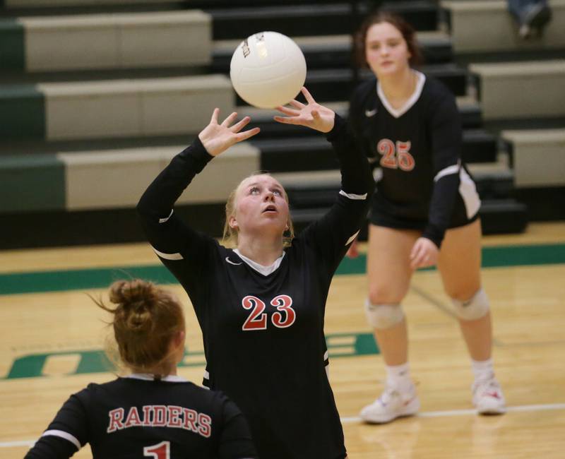 Earlville's Brooklyn Guelde (23) sets the ball in play in the Class 1A Regional game on Monday, Oct. 24, 2022 at St. Bede Academy in Peru.