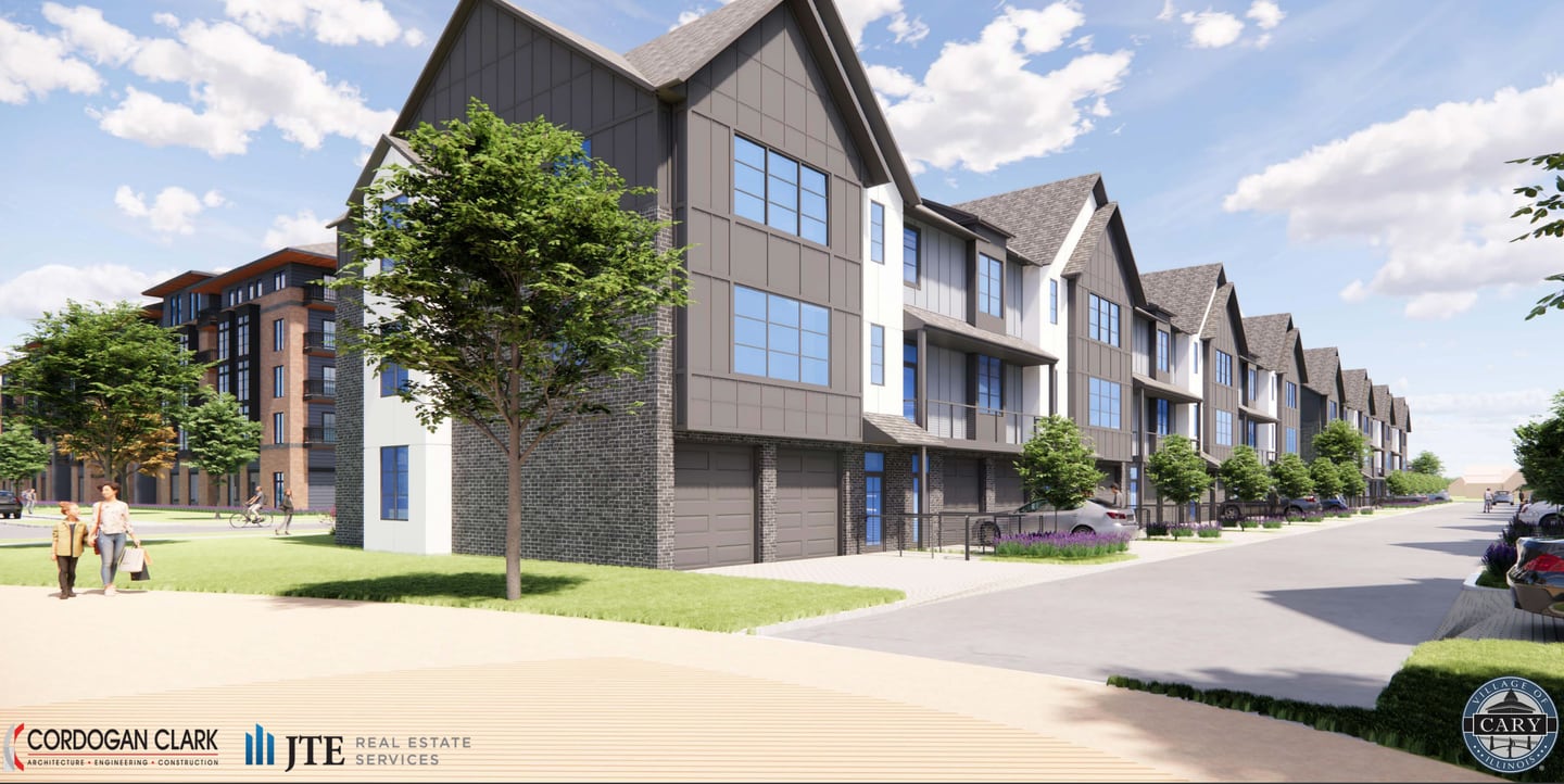 A rendering shows the Cordogan Clark and Associates proposal for five-story apartment blocks with about 200 units oriented by Route 14 and surrounded by three-story buildings of 50 townhomes. The Cary Village Board selected Cordogan Clark as the developer for the site on Jan. 21, 2025.
