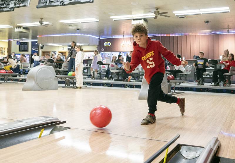 St. Mary’s fifth grader Brantley Doty fires the ball down the lane Tuesday, Jan. 28, 2025.