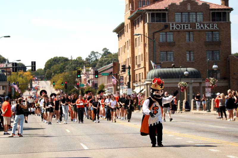 King Charles, the St. Charles East mascot, marches in the school’s annual homecoming parade on Friday, Sept. 13, 2024 on Main Street in St. Charles.