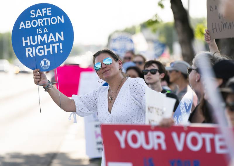 Jena Hencin, of Algonquin, participates during a protest Friday, June 24, 2022, over the overturning of Roe v. Wade, organized by the McHenry County National Organization for Women. On Friday, the U.S. Supreme Court overturned the decades-old ruling that upheld the right to an abortion.