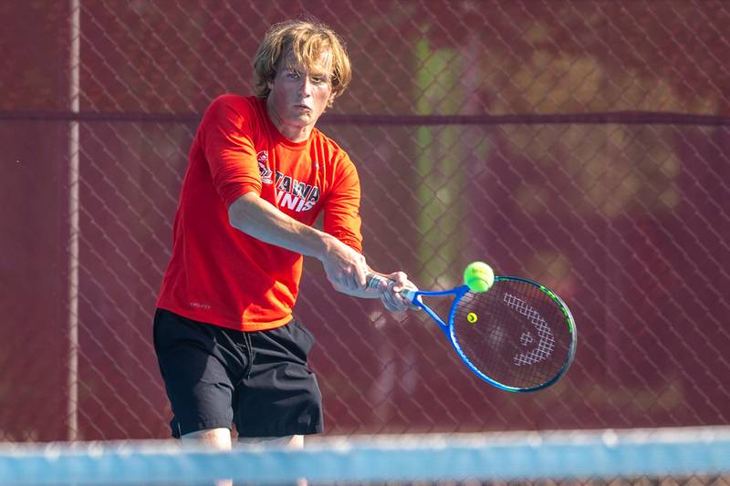 Ottawa's Landon Sawin hits a return Monday, May 5, 2025, in Streator.