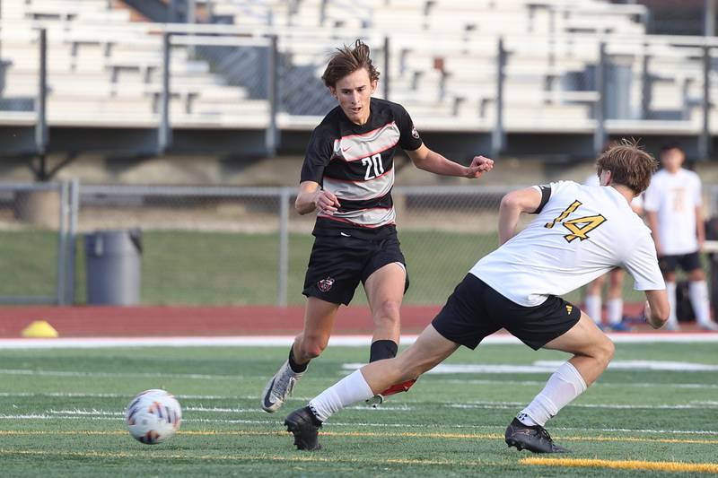 Lincoln-Way Central’s Jackson Meyer takes a shot on goal against Joliet West in the Class 3A Lincoln-Way Central Regional semifinal on Tuesday, Oct. 22, 2024 in New Lenox.