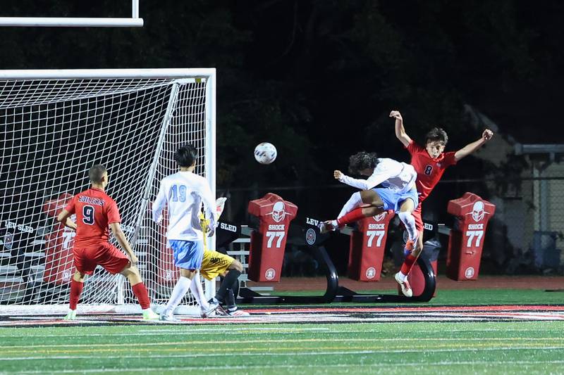 Bradley-Bourbonnais' Guadalupe Valadez (8) redirects a crossed ball under pressure from Kankakee's Yael Calderon to score the game-winning goal during the Boilermakers' 1-0 victory over the Kays in the All-City match on Tuesday, Sept. 9, 2025.
