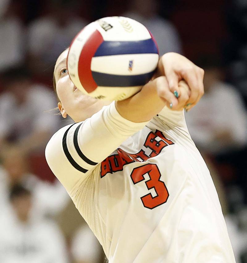 Huntley's Alex Goritz (3) during the IHSA Class 4A girls volleyball third place match Saturday, Nov. 16, 2024 at CEFCU Arena in Normal.