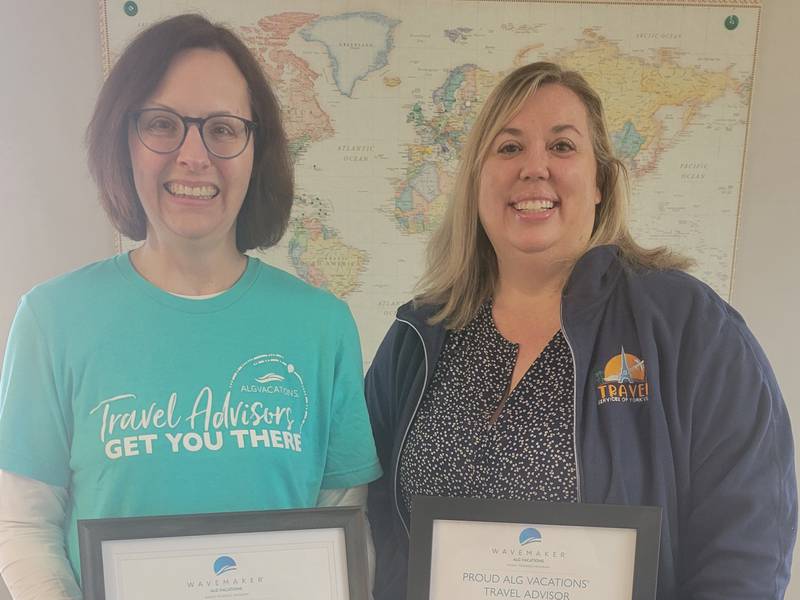 (From left): Linda Friedman and Brandie Britt, travel consultants at Travel Services of Yorkville, have been named Wavemaker Travel Advisors for 2025 by ALG Vacations.