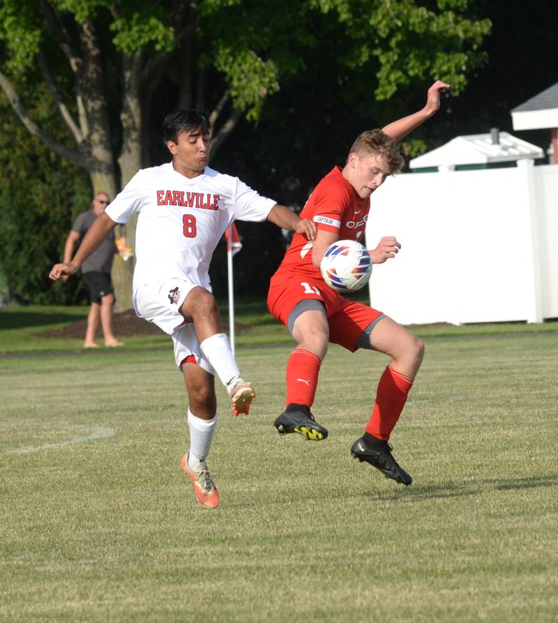 Earlville's Isaac Vazquez (8) and Oregon's Gavin Morrow (12) battle for the ball during a game at Oregon Park West on Monday, Aug. 21, 2023.