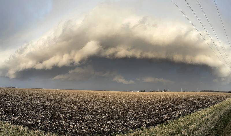 A rotating wall cloud appears over western Bureau County near Princeton on Friday, May 31, 2023.