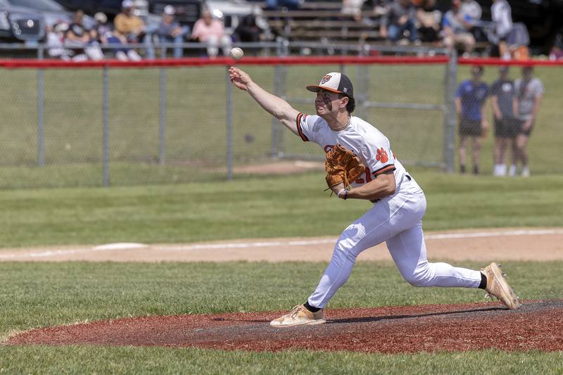 Byron’s Andrew Talbert fires a pitch against Oregon Saturday, May 24, 2025, in the Stillman Valley Class 2A Regional final.
