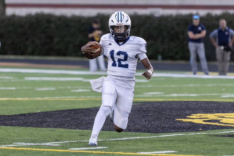 Plainfield South's Jaleel Smith makes a nice move during a varsity football away game against Joliet West on Sept. 12, 2025.