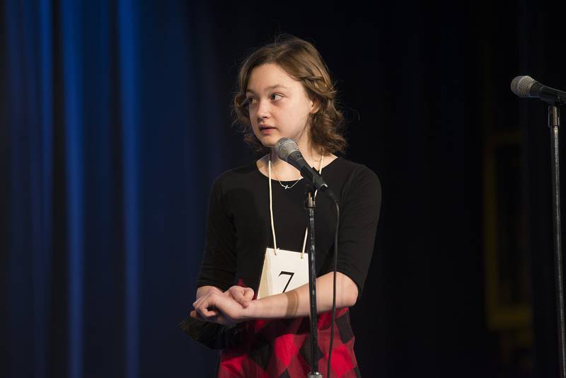 Taylor Robshaw of Erie Middle School competes in the Lee-Ogle-Whiteside Regional Spelling Bee Thursday, Feb. 24, 2022. Robshaw misspelled the word “restaurant.”