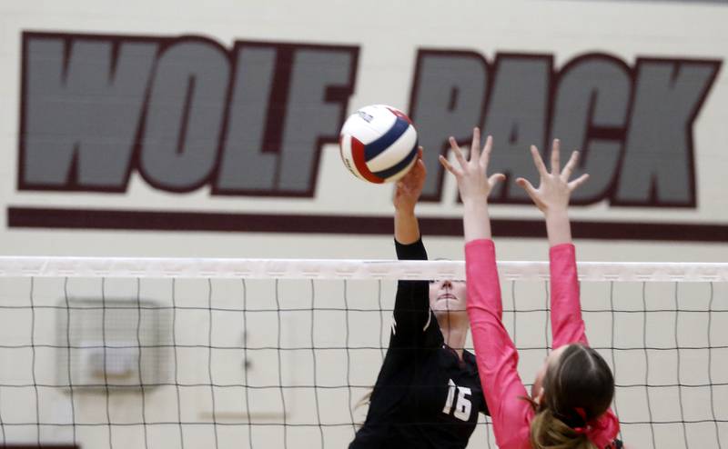Prairie Ridge's Addy Grider hits the ball against Huntley's Lucy Watson during a Fox Valley Conference volleyball match on Tuesday, Oct. 14, 2025, at the Prairie Ridge High School in Crystal Lake.