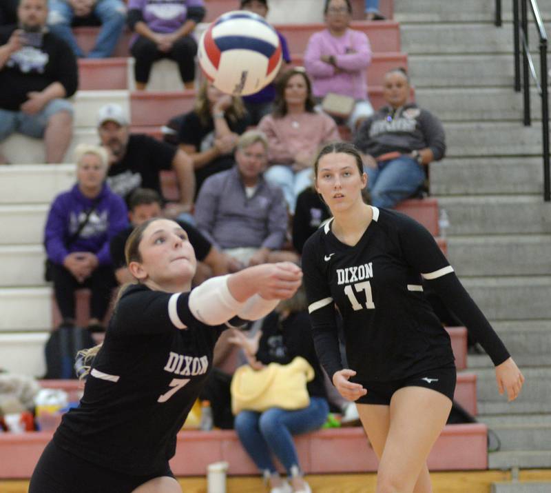 Dixon's  Presley Lappin digs the ball as Lucy Feick watches against Stockton in the championship match at the Oregon Varsity Girls Volleyball Tournament on Saturday, Sept. 6, 2025 at the Blackhawk Center in Oregon.