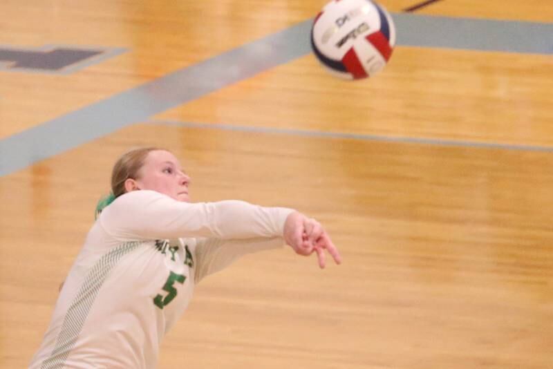 Seneca's Lauryn Barla returns a serve from Erie-Prophetstown in the Class 2A Sectional semifinal game on Tuesday, Nov. 5, 2024 at Bureau Valley High School.