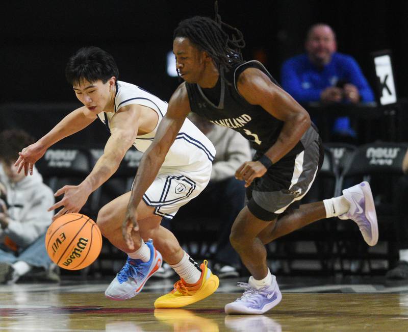 Kaneland's Marshawn Cocroft, right, steals the ball from DePaul College Prep's Rykan Woo during the Class 3A boys supersectional at NOW Arena on Monday, March 10, 2025 in Hoffman Estates.