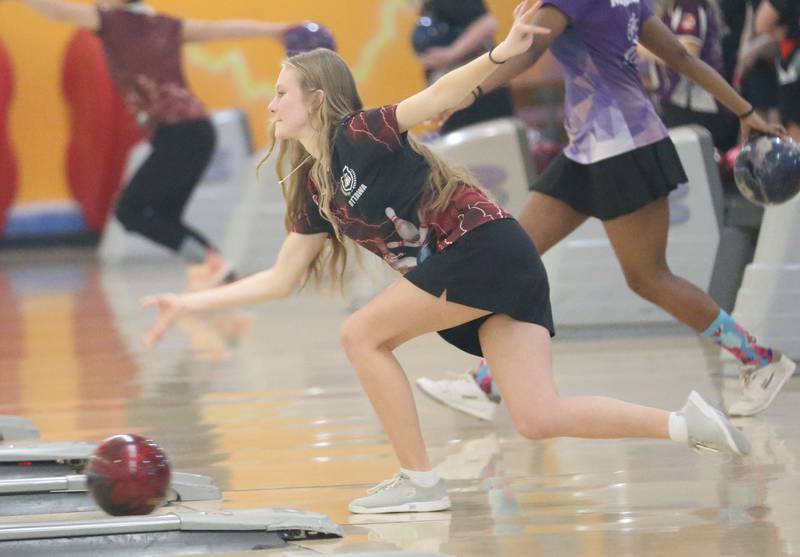 Ottawa's Paisley Leal bowls during the IHSA girls bowling Regional meet on Friday, Feb. 6, 2026 at the Illinois Valley Super Bowl in Peru.