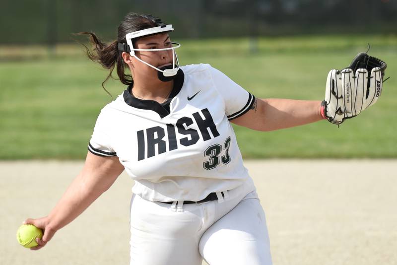 Bishop McNamara's Victoria Torres throws a pitch during a home game against Kankakee Tuesday, May 13, 2025.