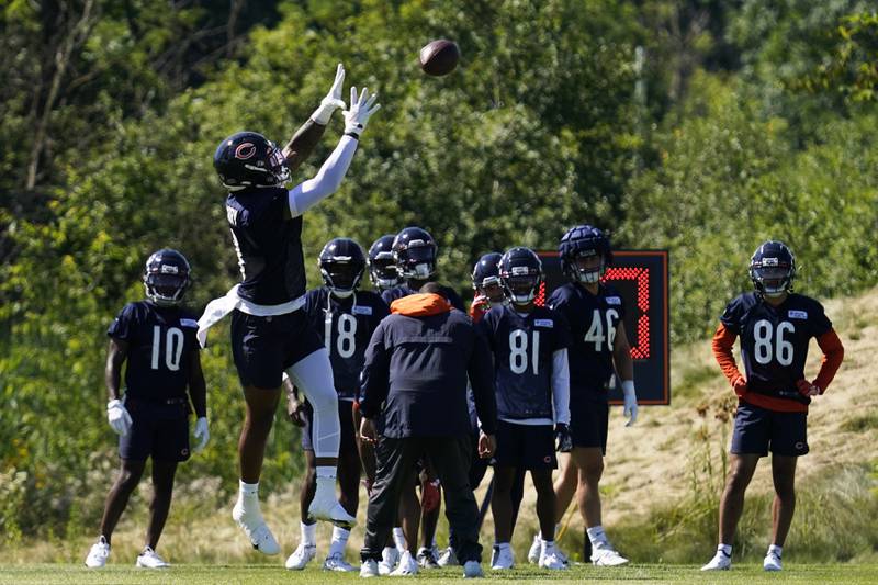 Chicago Bears wide receiver N'Keal Hary catches a ball during the team's training camp, Friday, July 29, 2022, in Lake Forest.
