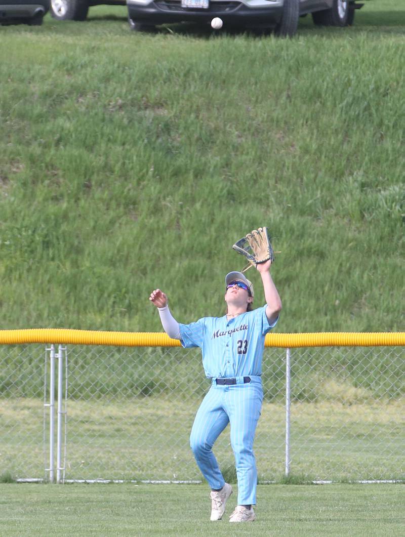 Marquette's Grant Dose catches a fly ball against St. Bede on Monday, April 22, 2024 at St. Bede Academy.