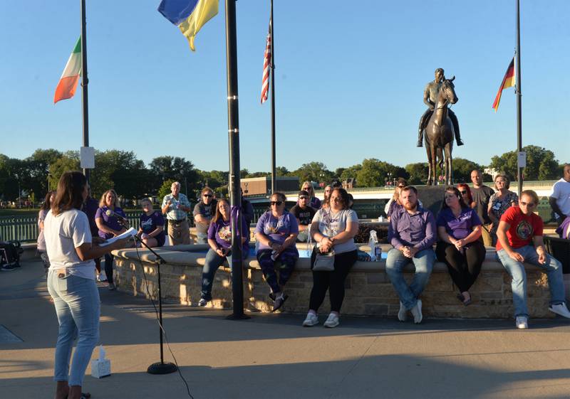 Lauren Metzler, 34, of Rock Falls, spoke about her brother, Tevin Shae Rumley, during a Sauk Valley Voices of Recovery Overdose Awareness event in Dixon on Thursday, Aug. 31, 2023. Metzler said her brother, who was 28, died from a fentanyl overdose in 2020 after becoming addicted following a foot injury in college.