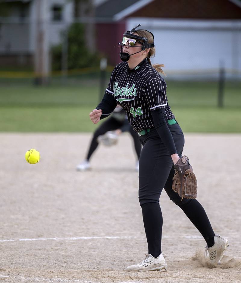 Rock Falls’ Korah Hosler makes a pitch against Dixon Thursday, May 7, 2026.