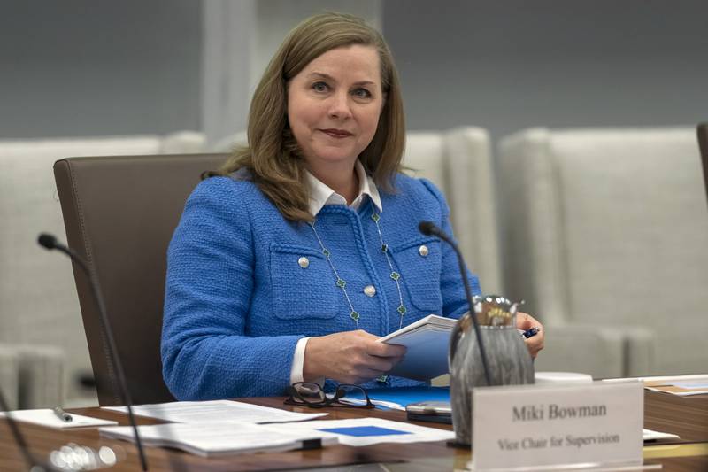FILE - Michelle Bowman, Vice Chair for Supervision of the Federal Reserve Board of Governors, sits before an open meeting of the Board of Governors at the Federal Reserve, Wednesday, June 25, 2025, in Washington. (AP Photo/Mark Schiefelbein, File)