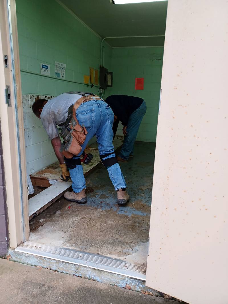 Polo Lions Club members Mark Ebert and Tim Rockwood started on the deconstruction inside the restrooms and concession stand at West Side Park on May 6 around 7 a.m. They removed the toilets, sinks and cement walls between the restrooms and concession stand. They also removed the storage area inside the building. There still is work to be done inside before the new plumbing can be installed.