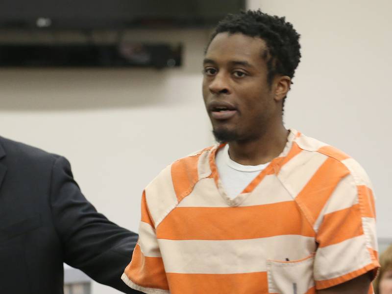 Twenty-nine-year-old Malcolm Whitfield of Streator appears before Chief Judge H. Chris Ryan Jr. on Friday, Aug. 18, 2023 at the La Salle County Government Complex in Ottawa. Whitfield has been charged with murder for firing shots that hit two others on May 6 in Streator.