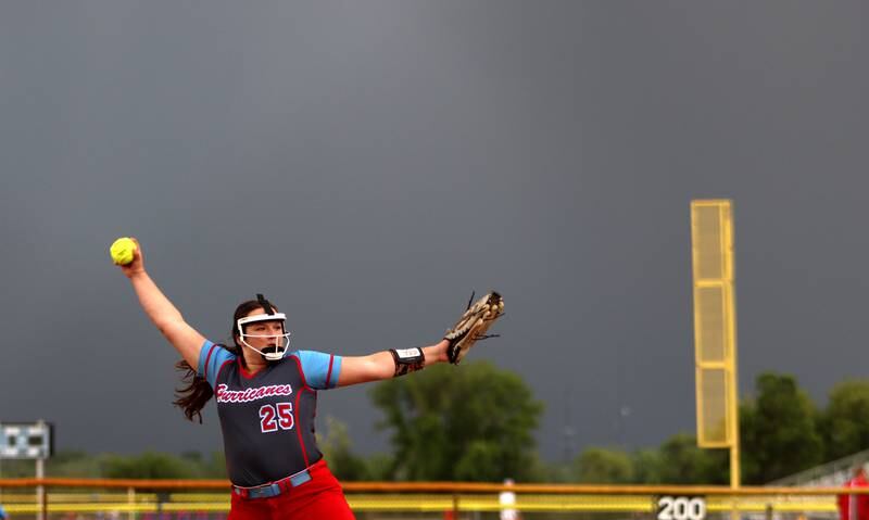 Marian Central’s Christine Chmiel makes an offering as the Hurricanes faced Winnebago to begin an IHSA Class 2A Regional game at Raymond Benoy Field in Woodstock Monday.