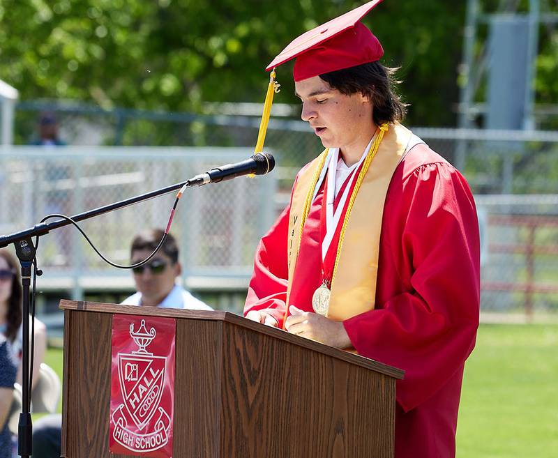 Hall valedictorian Kyler Lapp during the graduation ceremony on Sunday May 21, 2023 at Hall Township High School.