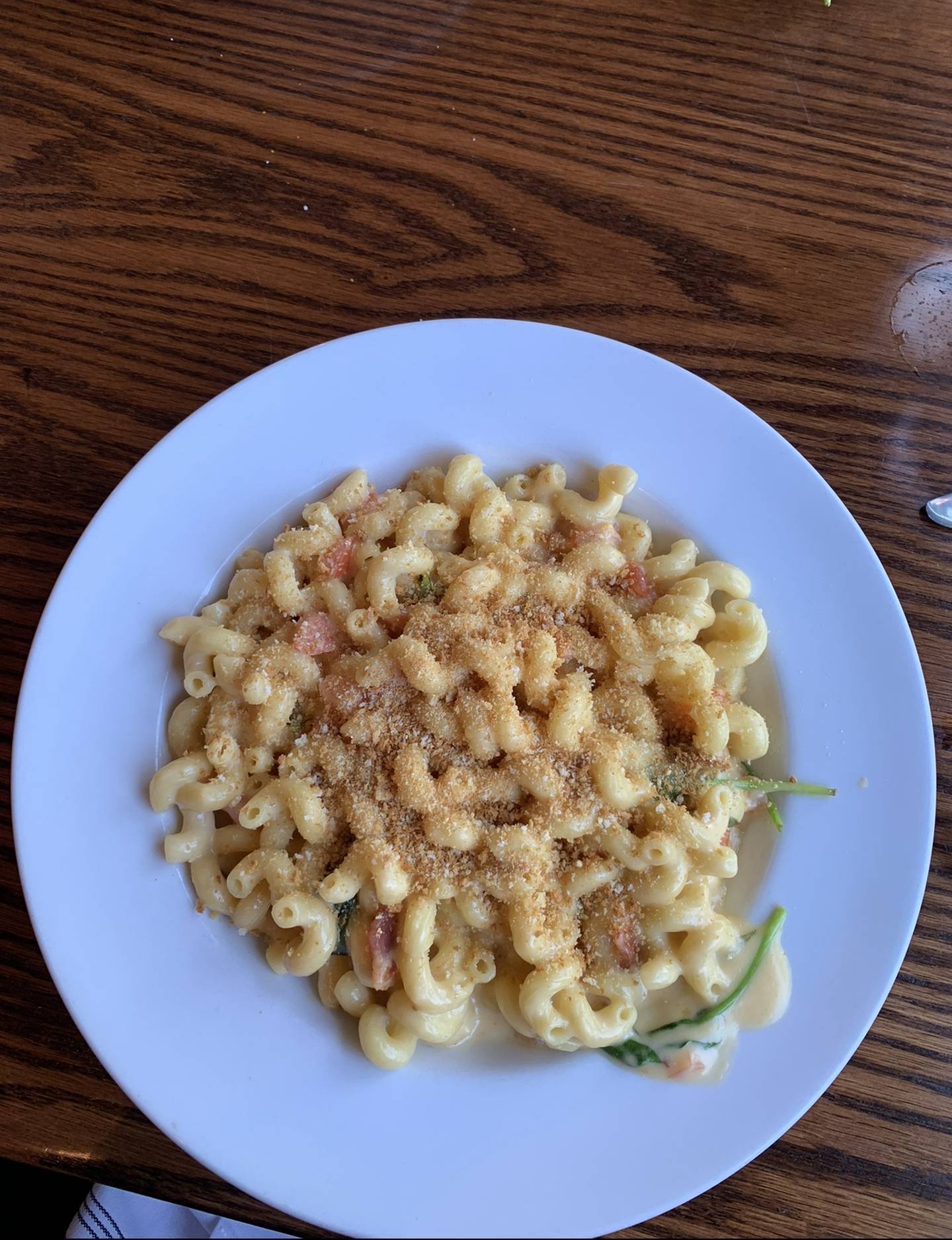 "NOT Your Mom's Mac & Cheese" lives up to its name, as it's an entree unto itself. Topped with several cheeses, bacon and breadcrumbs, this pasta dish is filling and delightful.