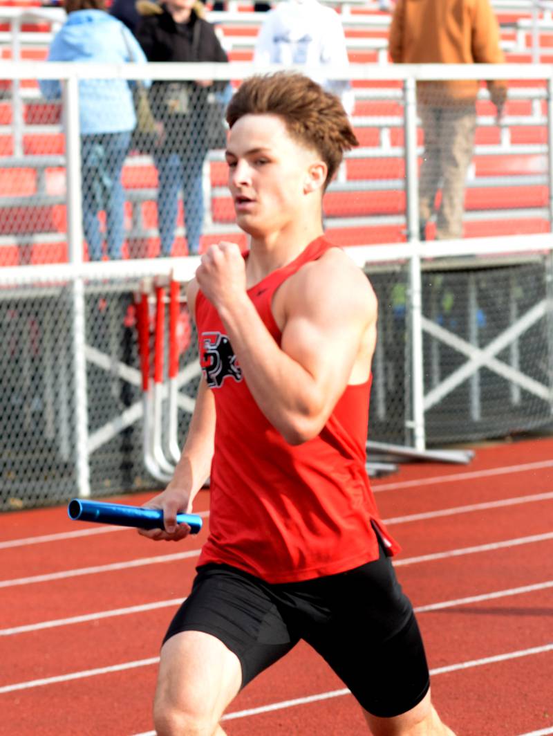 Erie-Prophetstown's Wyatt Gossens runs a leg of the 4x800 relay at the Hall of Fame Hawk Classic on Friday, May 2, 2025 at the Landers-Loomis Field in Oregon. The team of Goosens, Gus Schultz, Justin Wainscott, and Braeden Punke finished in sixth place.