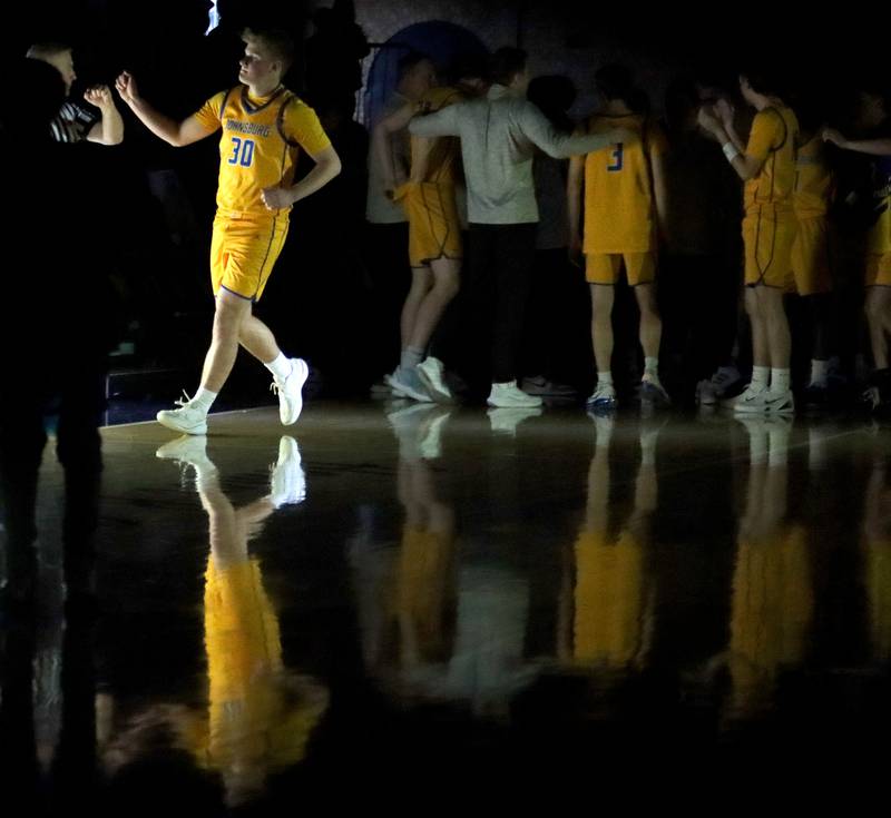 Johnsburg’s Jayce Schmitt is introduced before the Skyhawks face Peoria Manual in boys IHSA Class 2A Supersectional basketball on Monday, Mar. 9, 2026, at Sterling High School in Sterling.