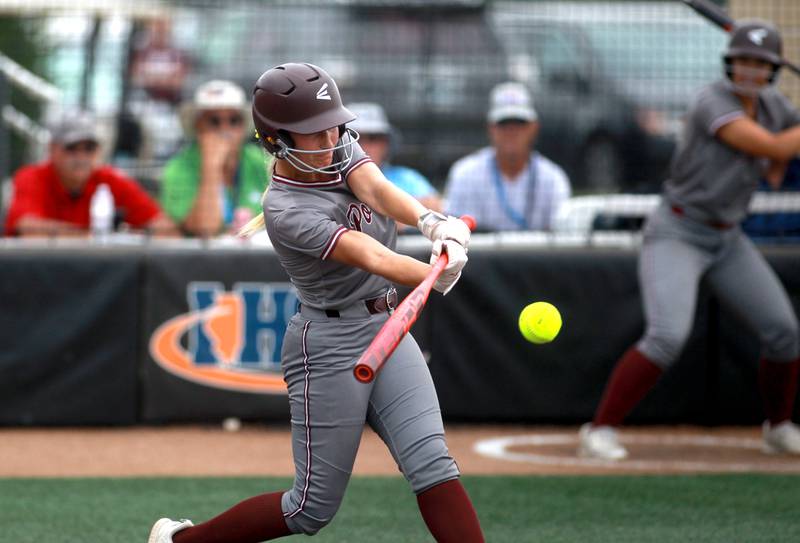 Lockport's Mikayla Cvitanovich makes contact during a IHSA Class 4A state semifinal game against Barrington on Friday, June 13, 2025 at the Louisville Slugger Sports Complex in Peoria.